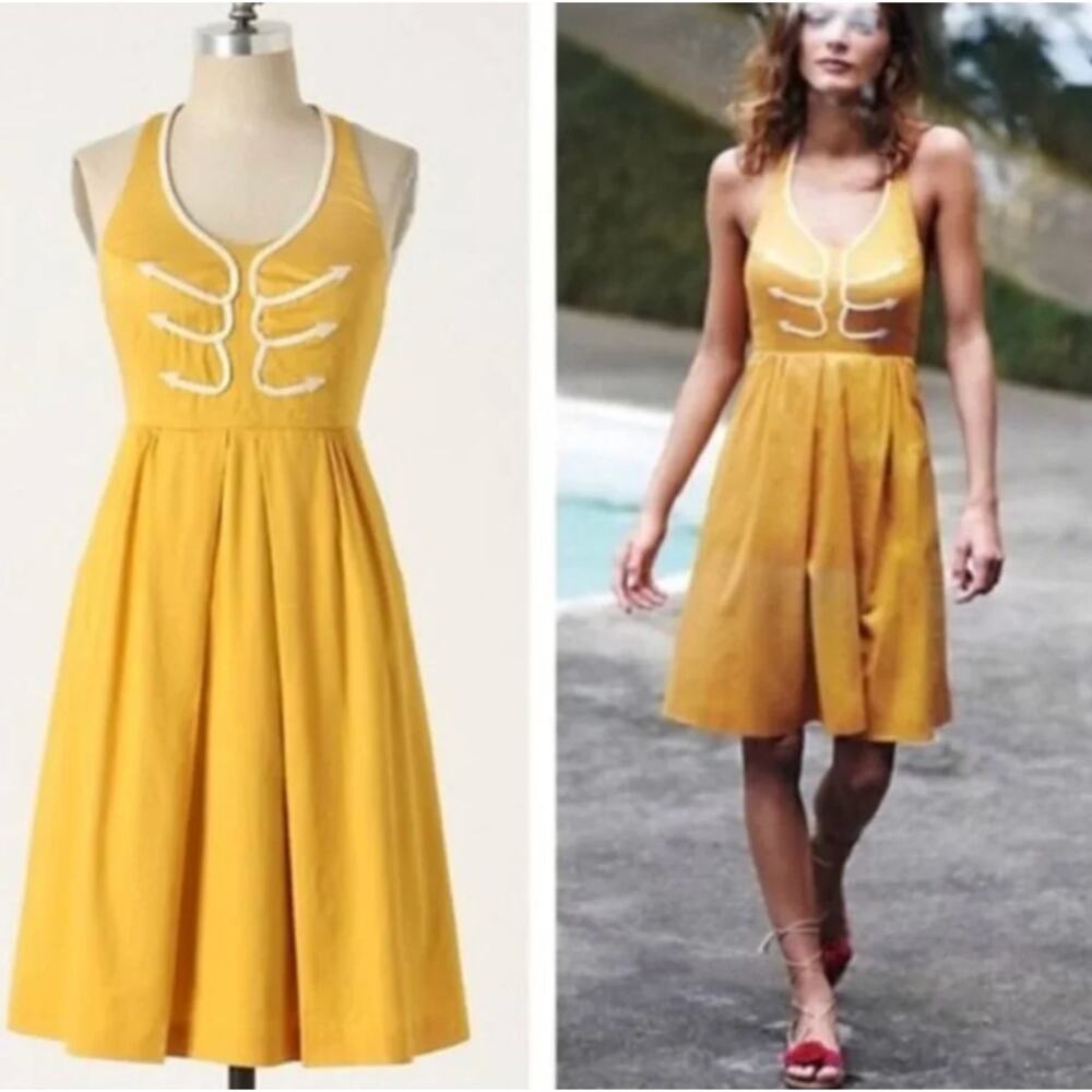 Anthropologie Floreat Anchors Away Sz 2 Dark Yellow Retro Halter Lace Trim Dress